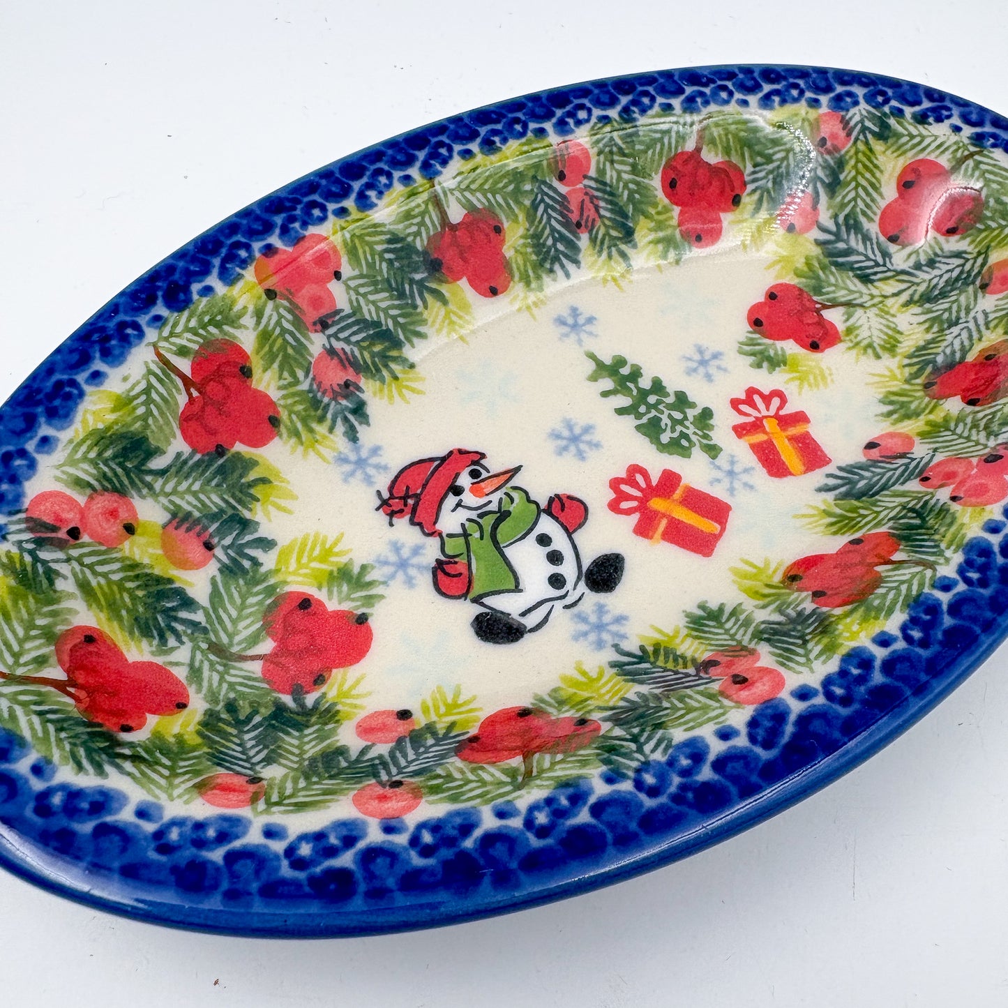 7" Oval Milano Platter  Hand crafted Polish pottery stoneware: UNIKAT Berry Snowman Design