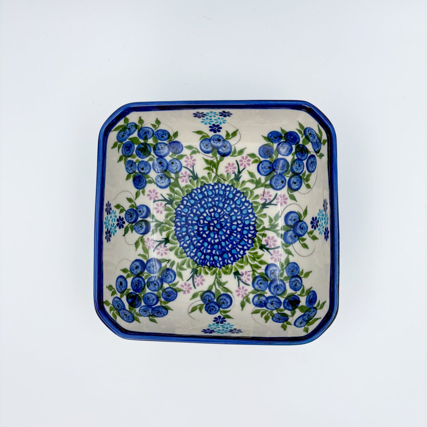 6” Square Bowl.  Hand crafted Polish pottery stoneware:   Unikat Blueberries