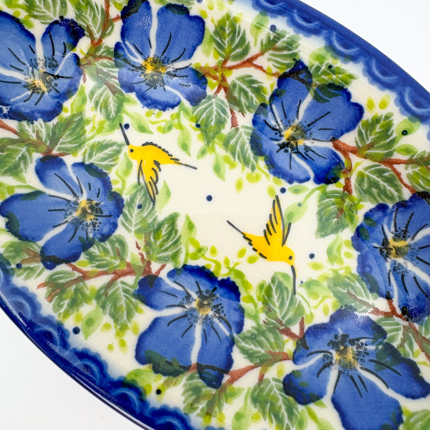 7" Oval Milano Platter  Hand crafted Polish pottery stoneware: UNIKAT Blue Poppy Songbird