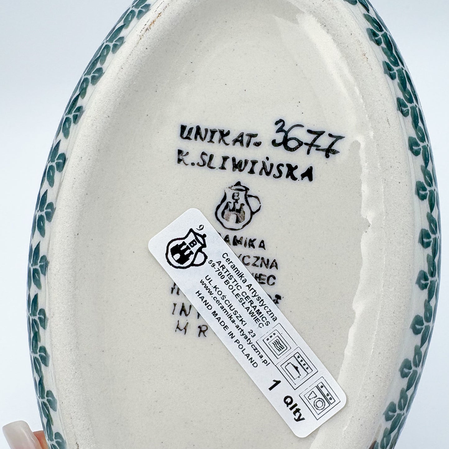6” Oval Bowl.  Hand crafted Polish pottery stoneware:  UNIKAT Lime Bouquet Design