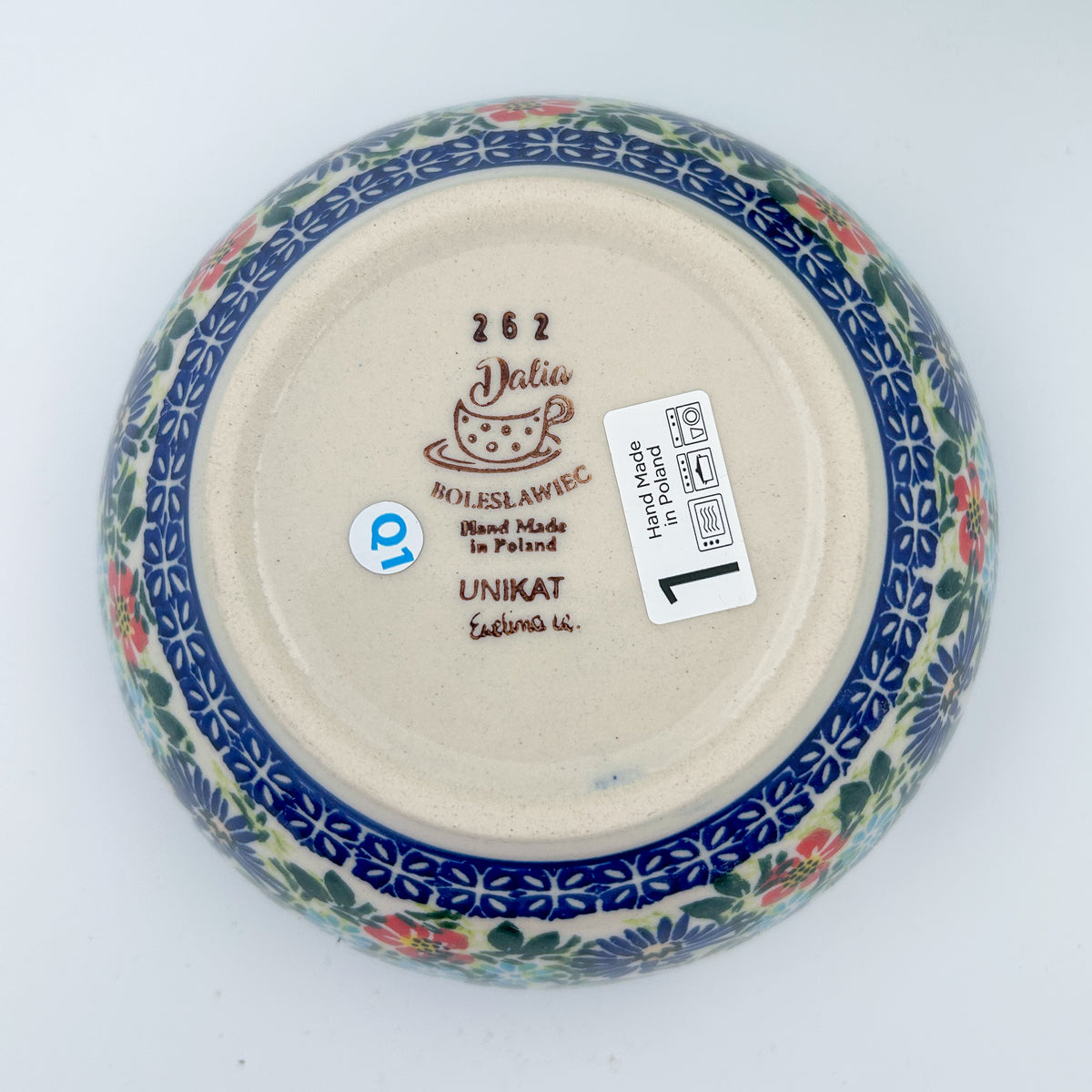Bottom of Butterfly Flower Bed deep bowl showing Dalia Unikat stamp, alternate view