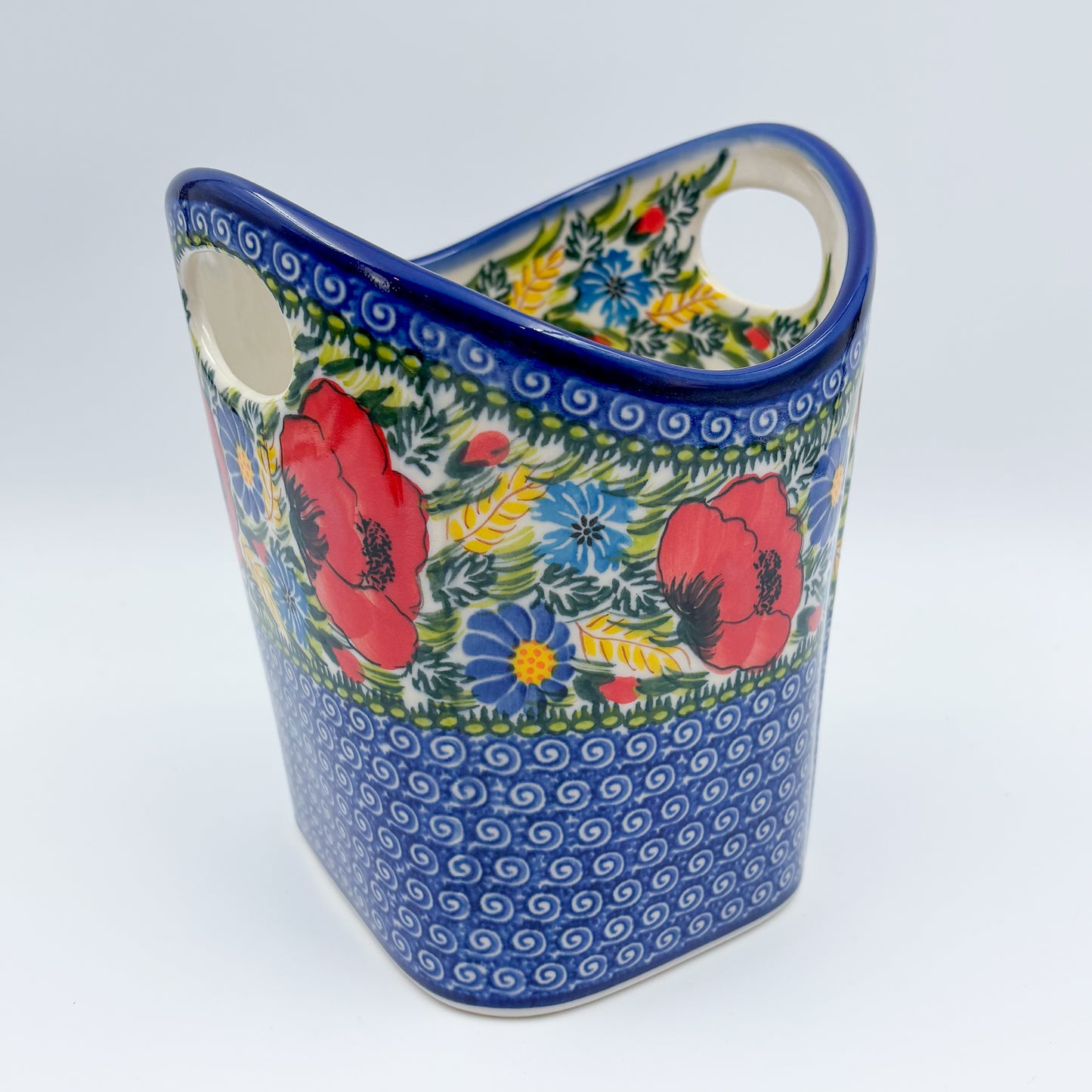 Basket Container & Utensil Med.  Handmade Polish pottery.  UNIKAT Garden Poppy Design