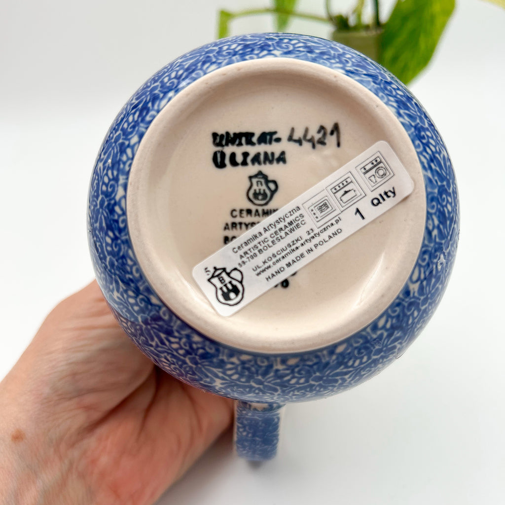 17 oz. Pitcher.  Hand painted Polish pottery stoneware.  UNIKAT Rhapsody in Blue