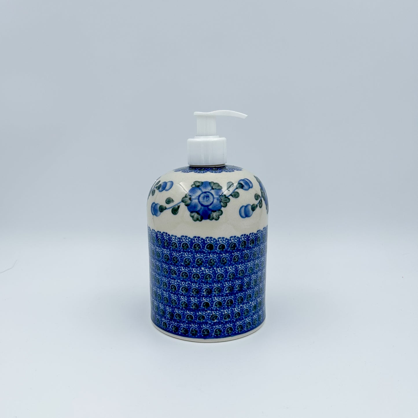 Soap Dispenser 7”.  Handmade Polish pottery.  Blue Poppies