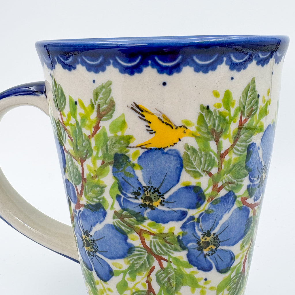 Mug XL 18oz. Handcrafted Polish pottery stoneware:  UNIKAT Blue Poppy Songbird