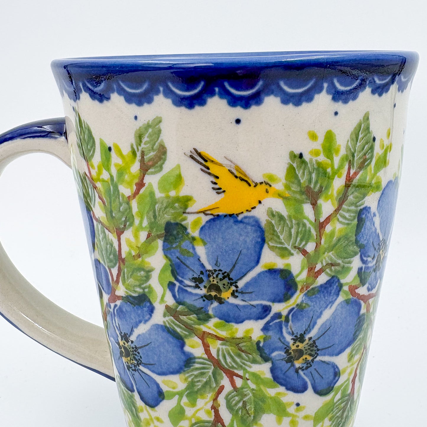 Mug XL 18oz. Handcrafted Polish pottery stoneware:  UNIKAT Blue Poppy Songbird