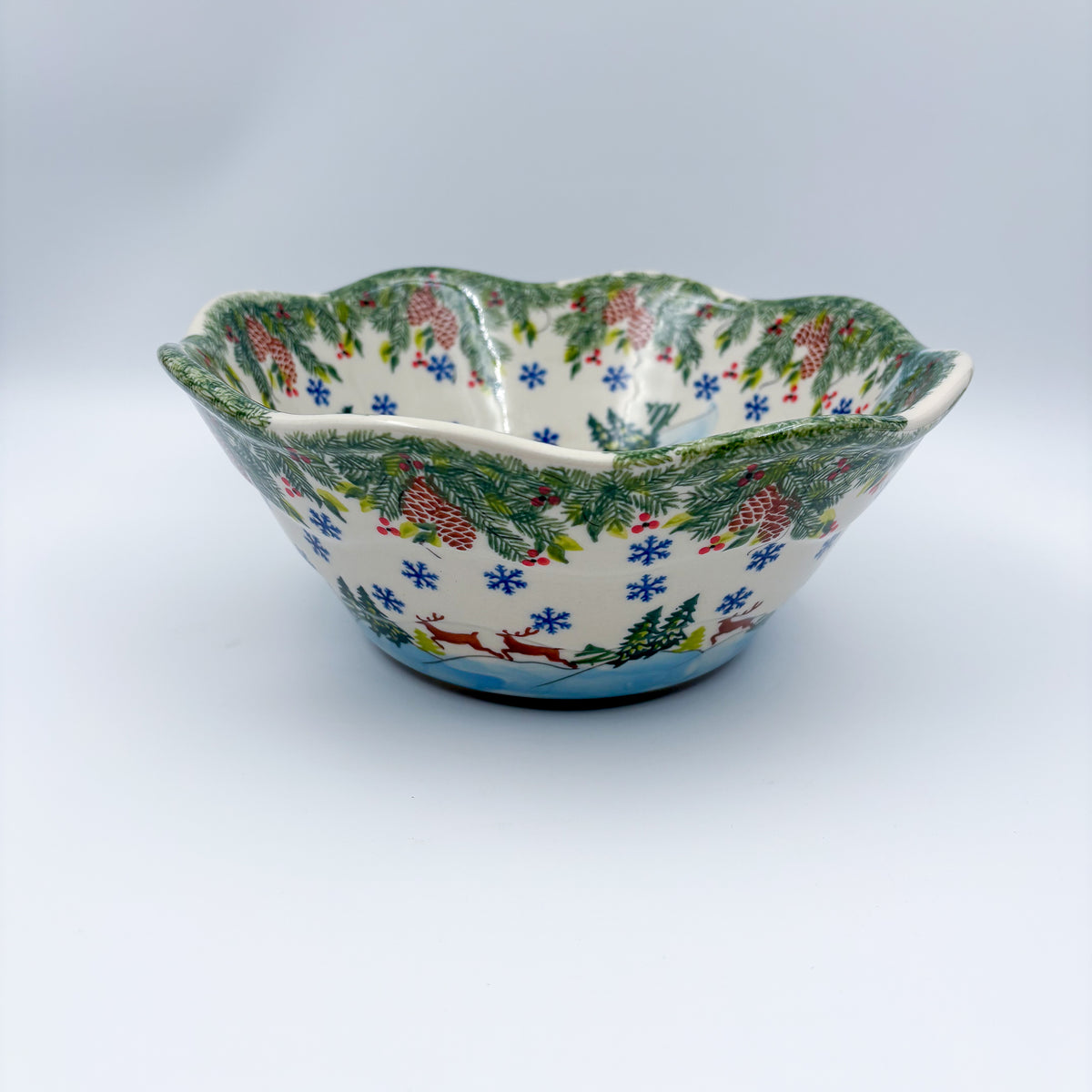 9” Wavy Bowl.  Hand crafted Polish pottery stoneware:  UNIKAT Reindeer Bliss