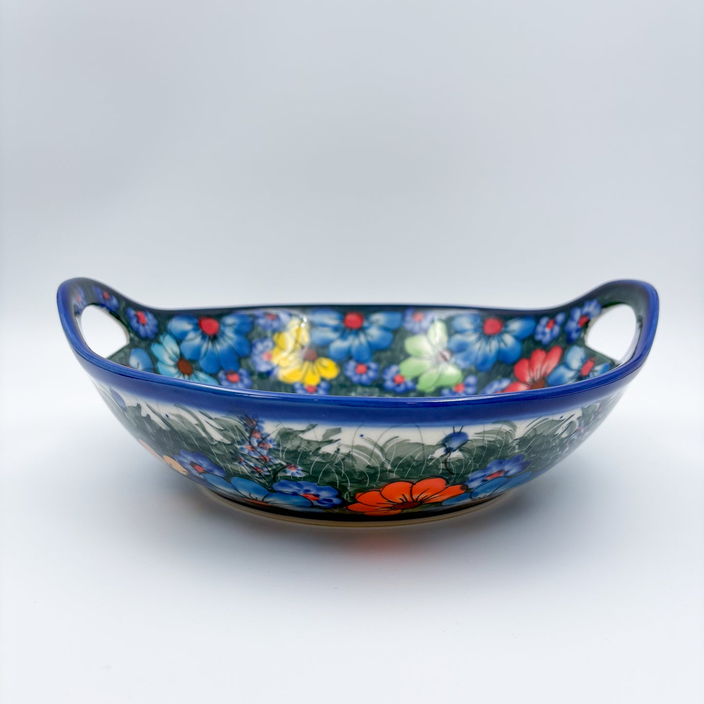 10" Bowl with Handles. Hand crafted Polish pottery stoneware:  UNIKAT Forget Me Not Pansy Pattern