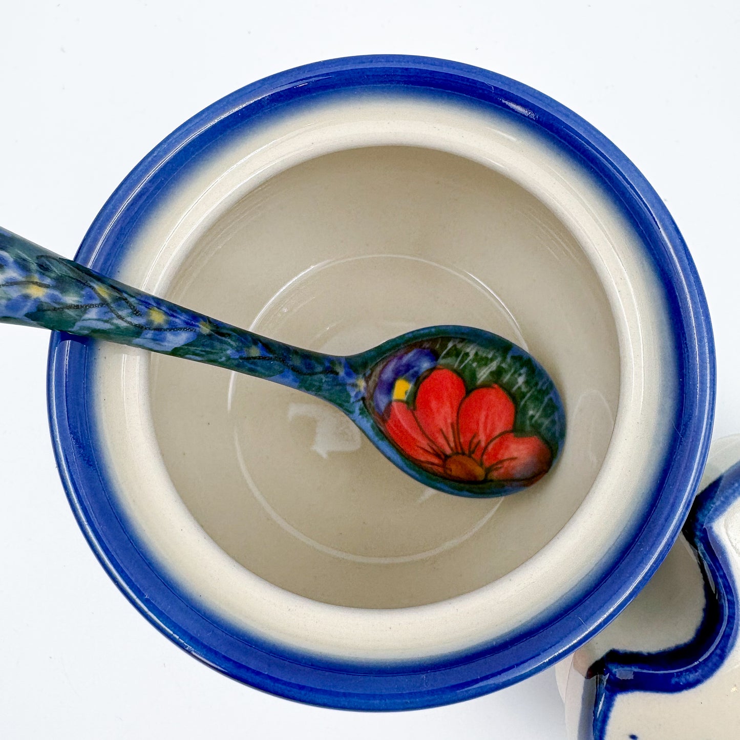 Sugar Bowl and spoon.  UNIKAT Forget Me Knot Pansy Pattern