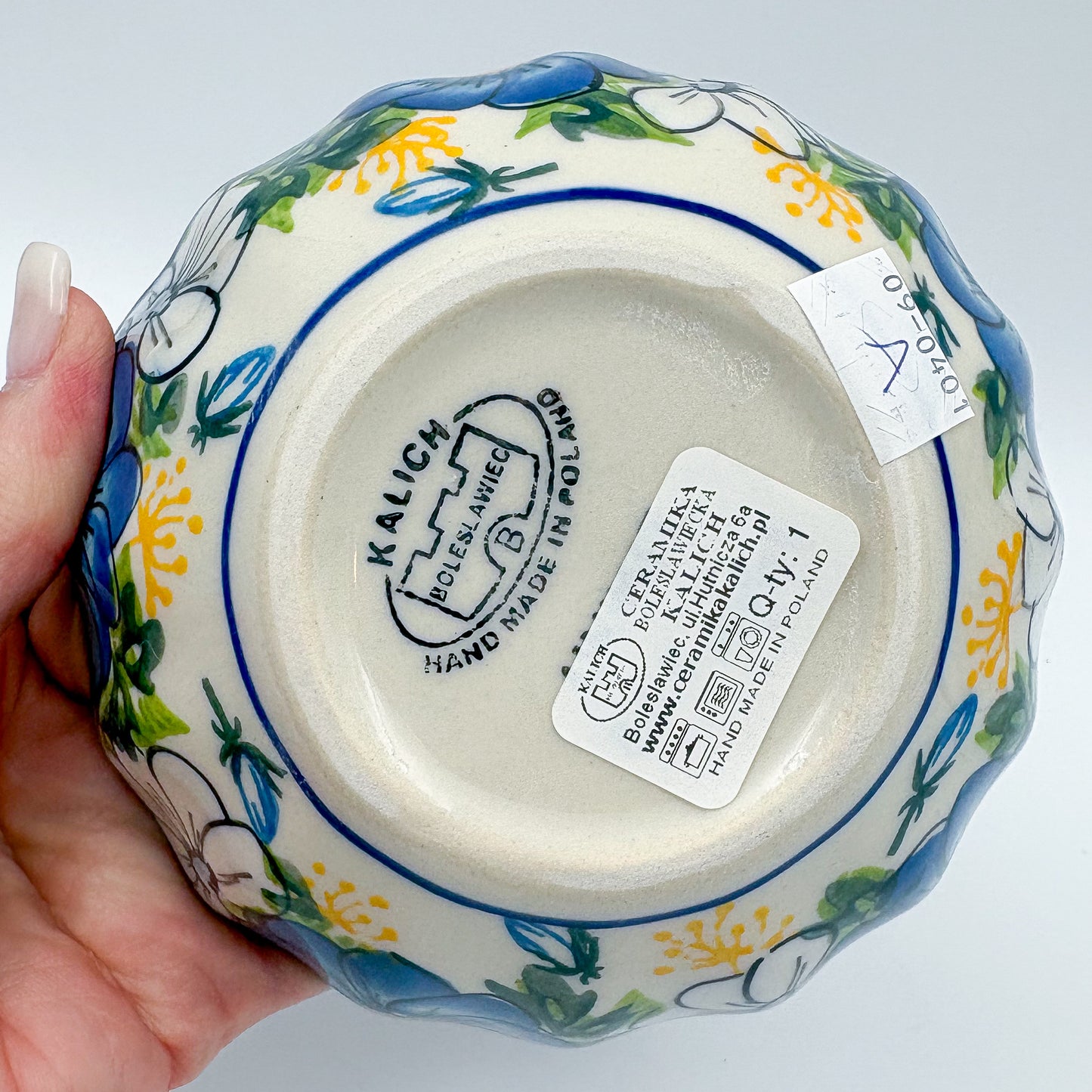 5” Scalloped Bowl.  Hand crafted Polish pottery stoneware:  UNIKAT Blue Petal Dance