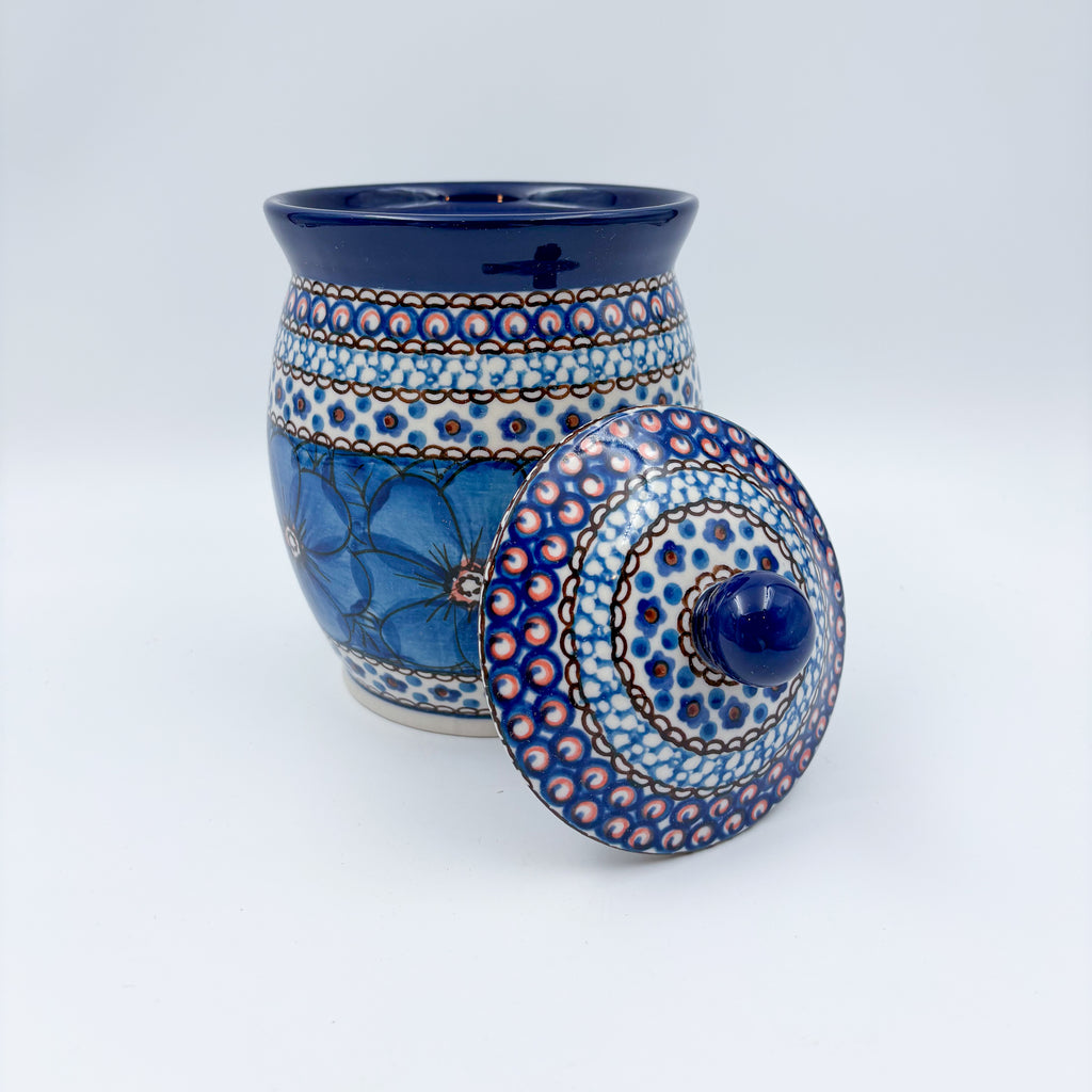 6" Lidded Jar.  Handmade Polish pottery.  UNIKAT Cobalt Poppies Design