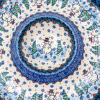Dancing Snowman chip and dip platter, close-up top-down view of center dip bowl surrounded by snowmen and pine trees