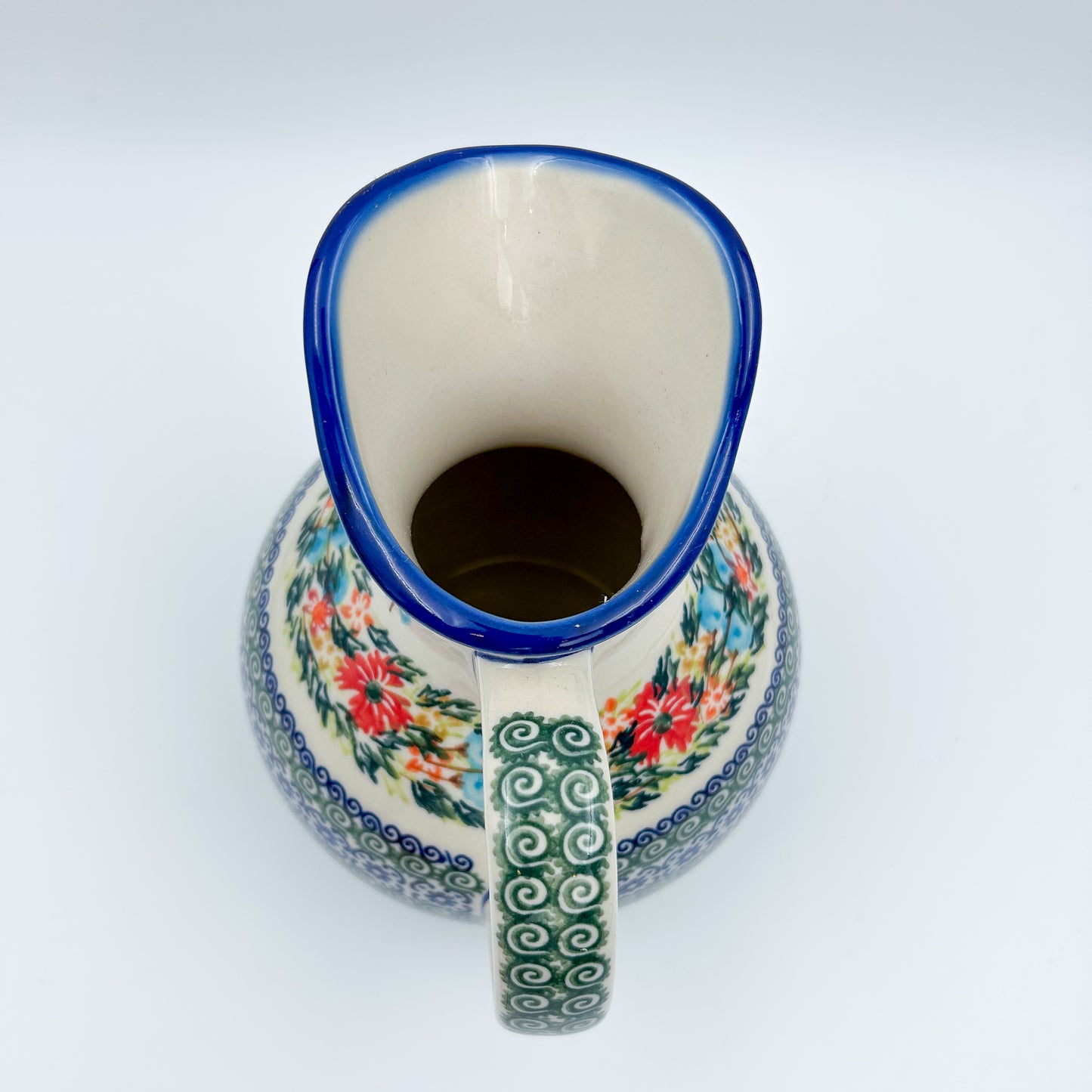 5 cup. Pitcher.  Hand painted Polish pottery stoneware.  UNIKAT Ring of Flowers