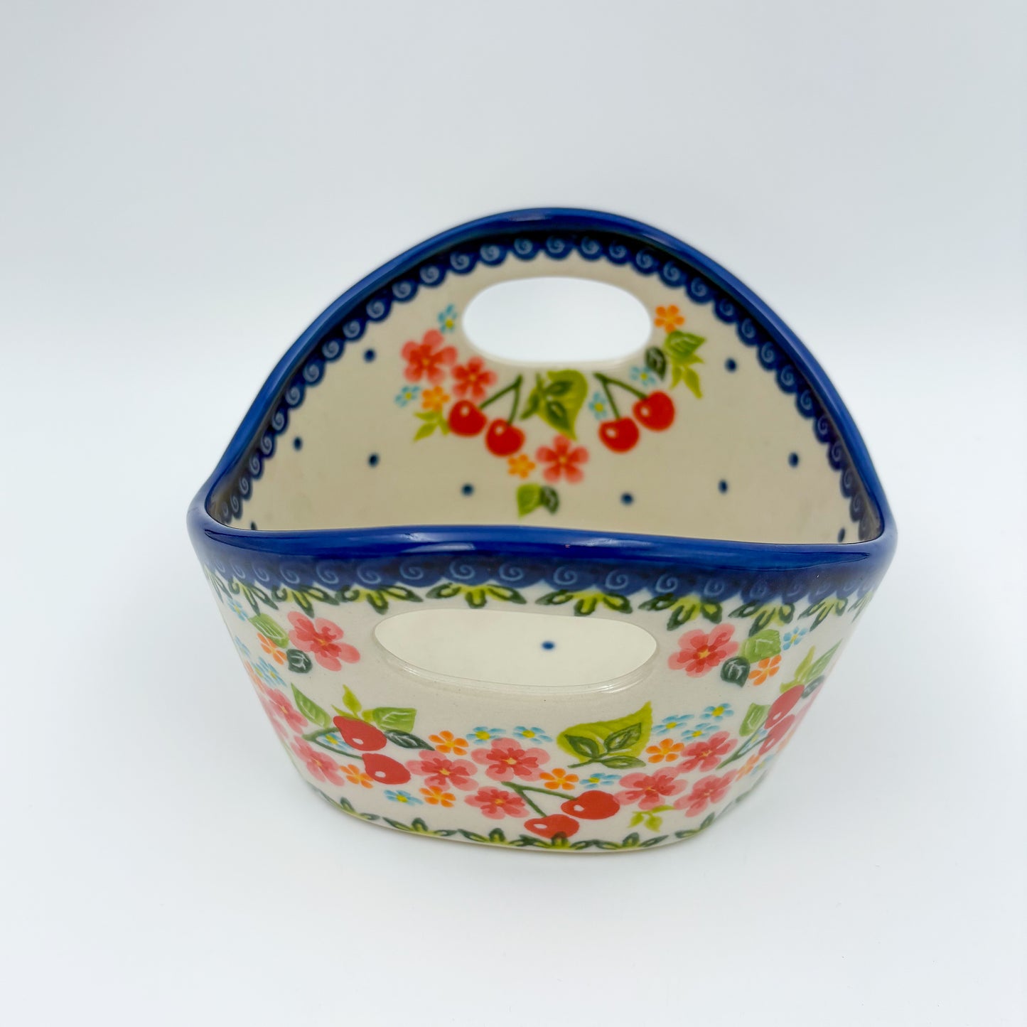 Basket Container Small.  Handmade Polish pottery.  UNIKAT Cherry Blossom Design