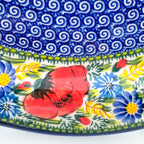 UNIKAT Garden Poppy Cezar platter, close-up detail of large red poppy and blue daisies