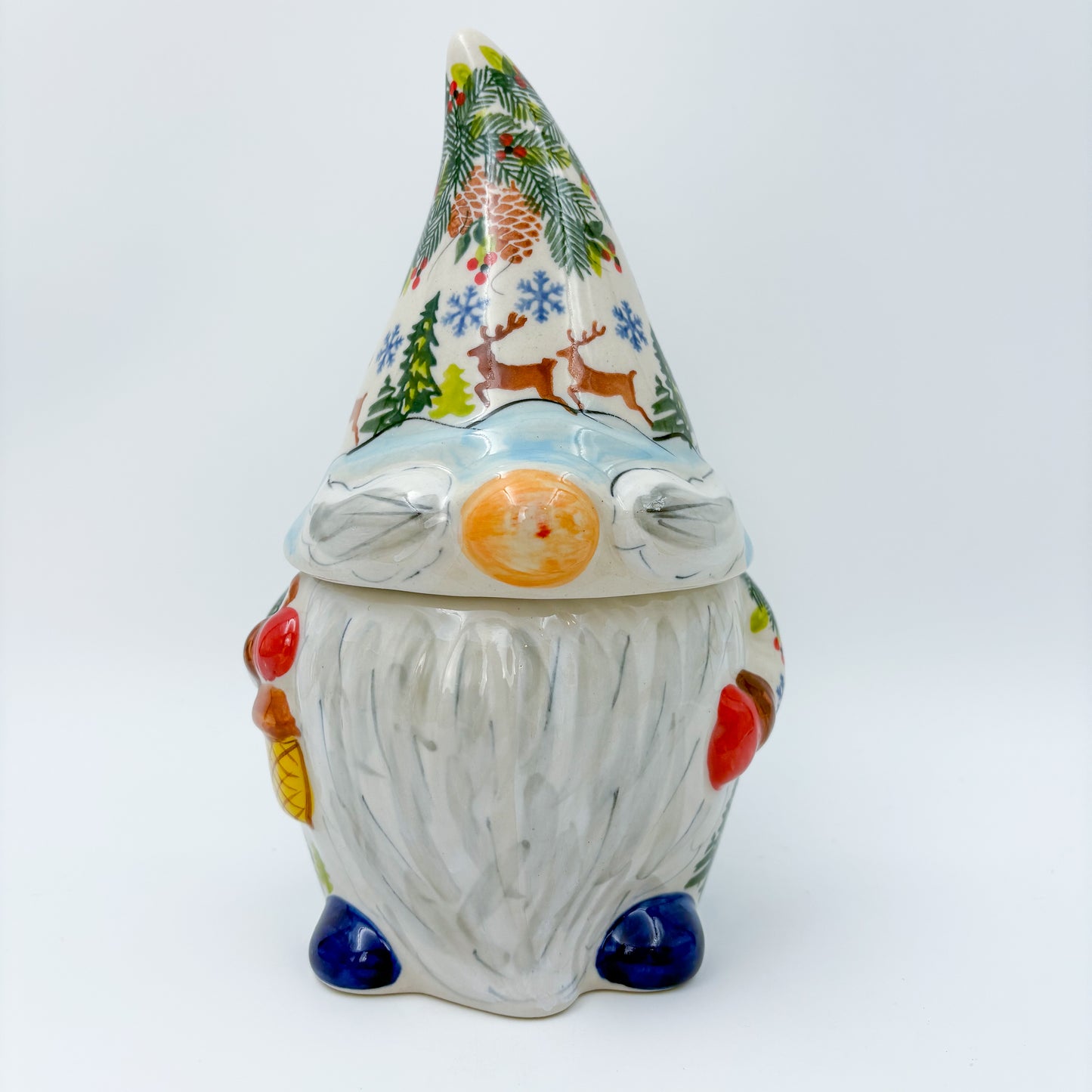Small Gnome Cookie Jar. Handmade Polish pottery.  UNIKAT Reindeer Bliss