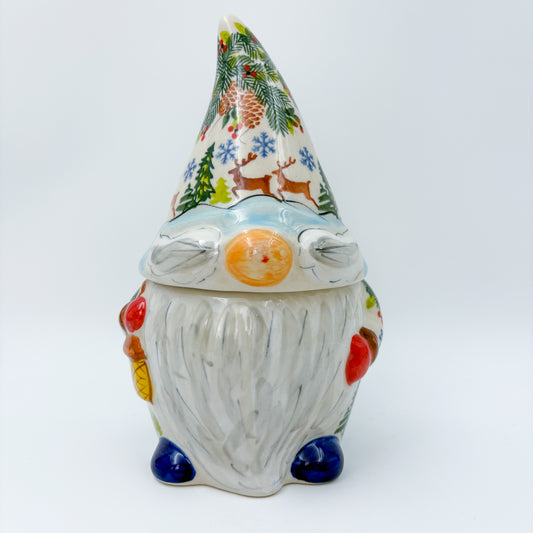Small Gnome Cookie Jar. Handmade Polish pottery.  UNIKAT Reindeer Bliss