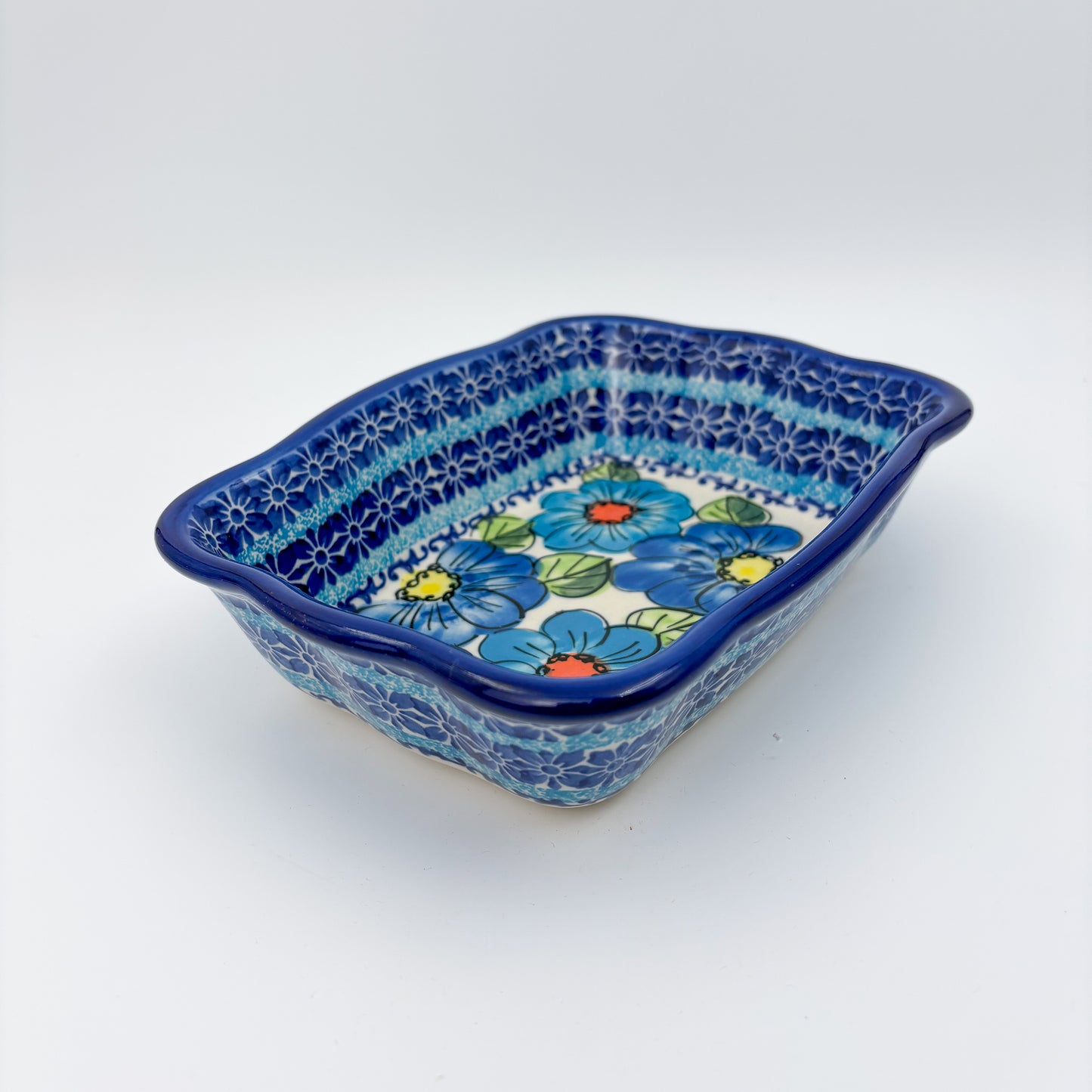 8” Baker Handmade in Poland.  UNIKAT Bold Blue Poppies Design