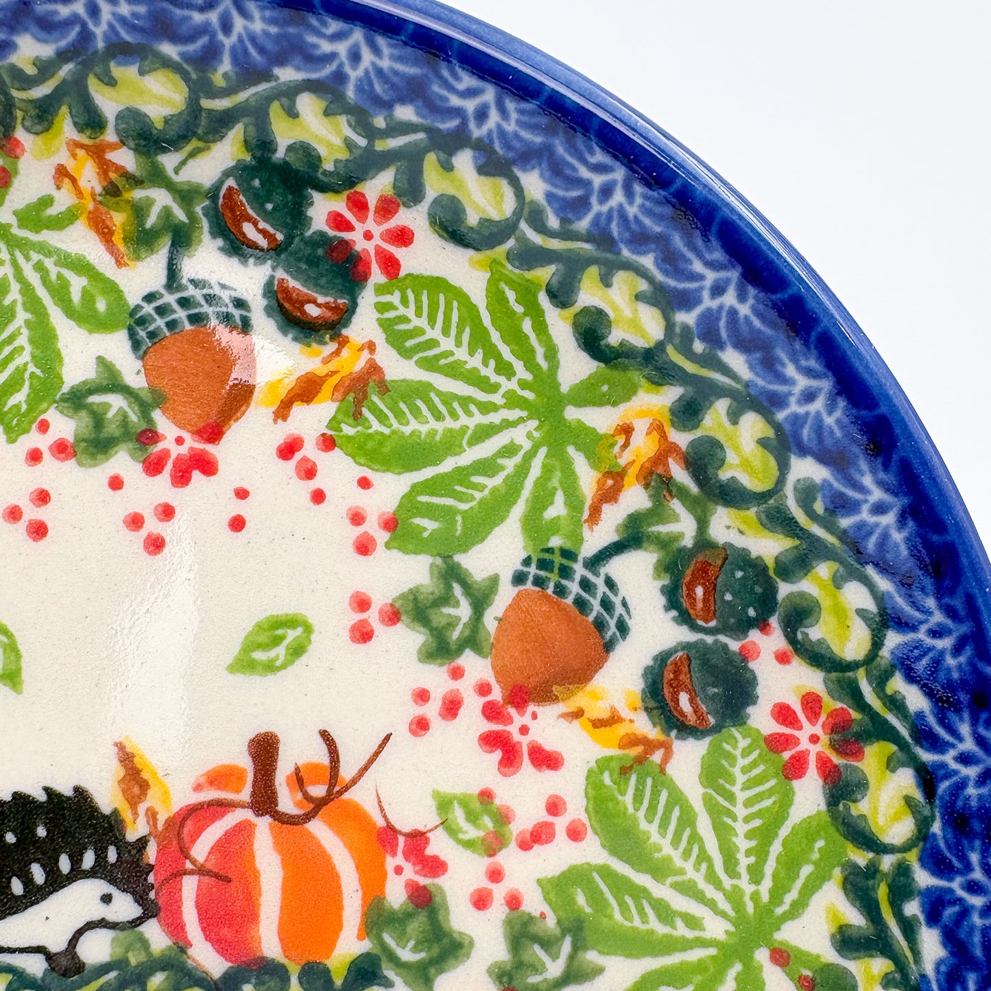 6” Plate.  Hand crafted Polish pottery stoneware: UNIKAT Hedgehogs and Pumpkins