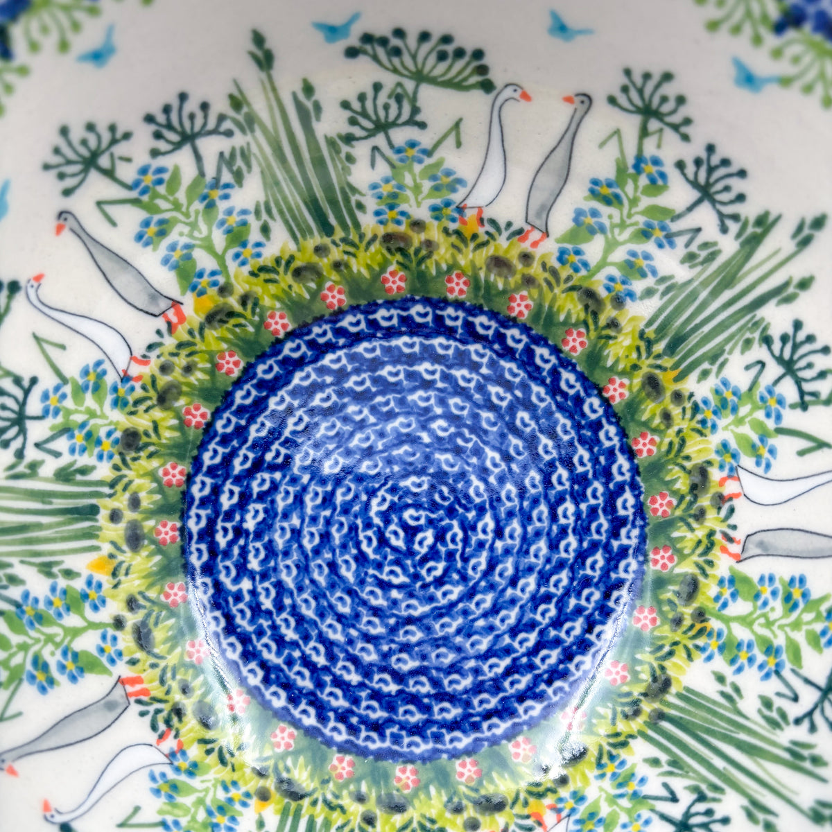 8”  Bowl.  Hand crafted Polish pottery stoneware: UNIKAT Ducks on the Run