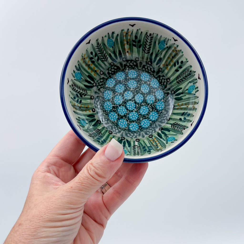 5” Bowl.  Hand crafted Polish pottery stoneware: UNIKAT Green Prairie Design
