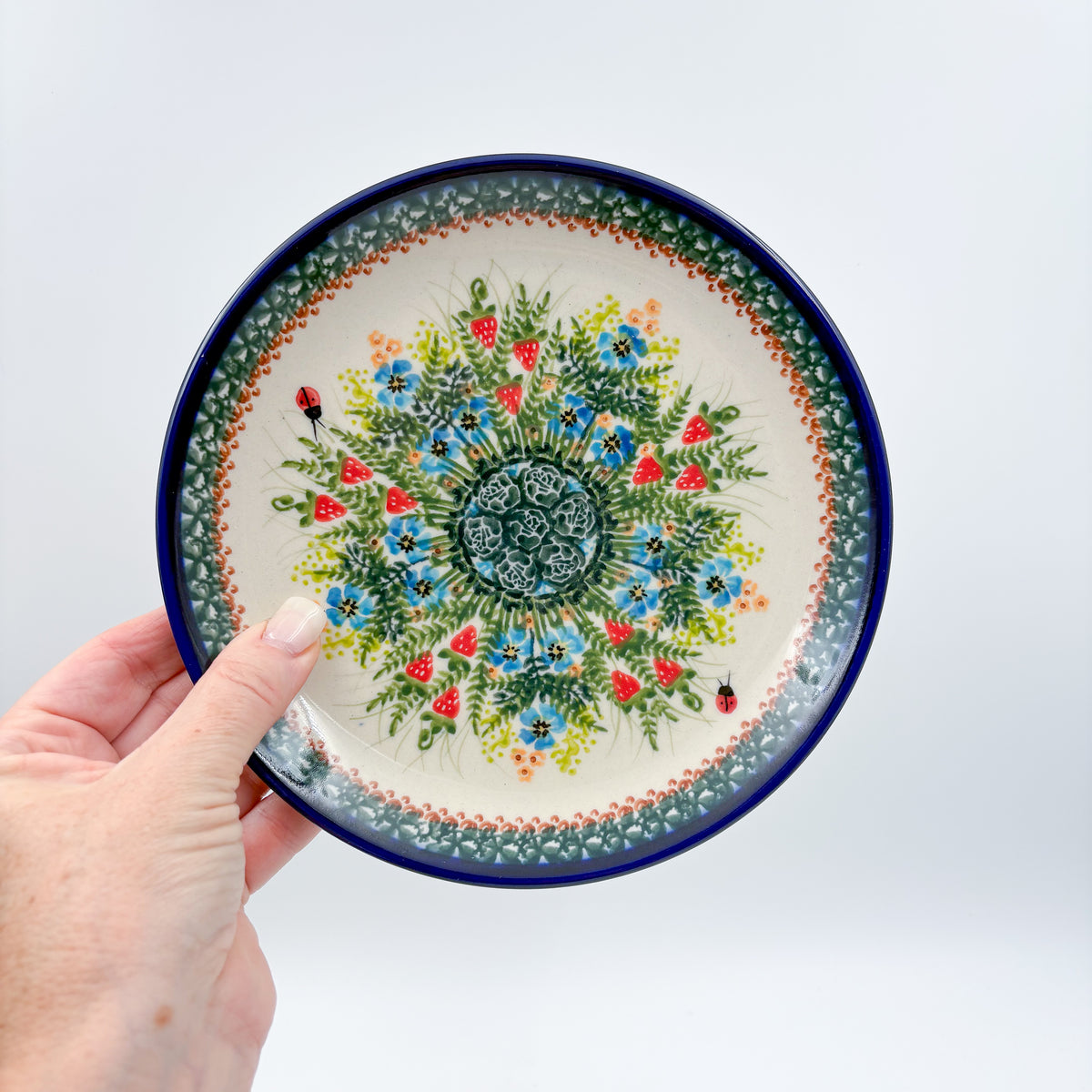 7.5” Plate.  Hand crafted Polish pottery stoneware: UNIKAT Strawberry Fields
