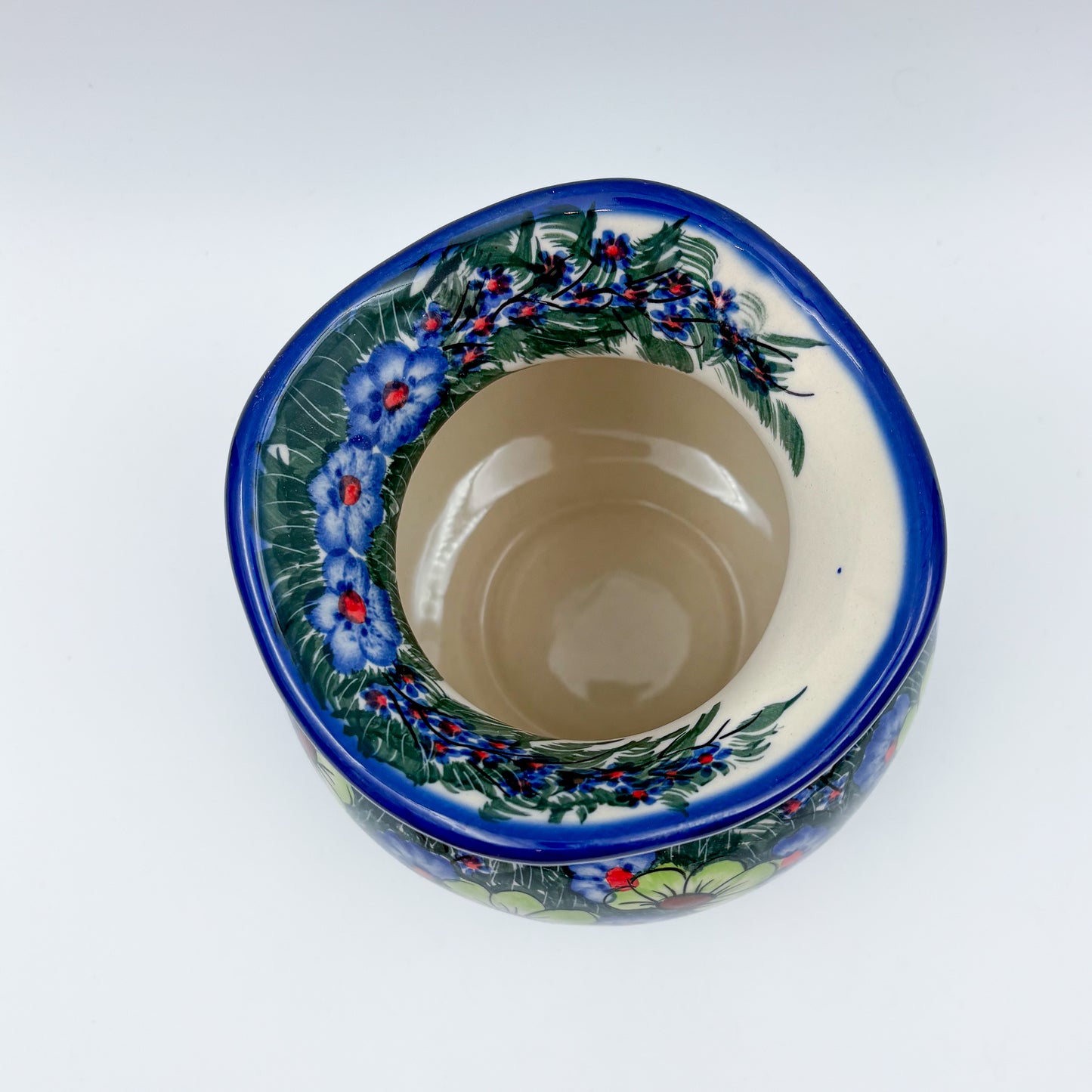 Kula Vase 5.5”.  Handmade Polish pottery.  UNIKAT Forget Me Not Pansy