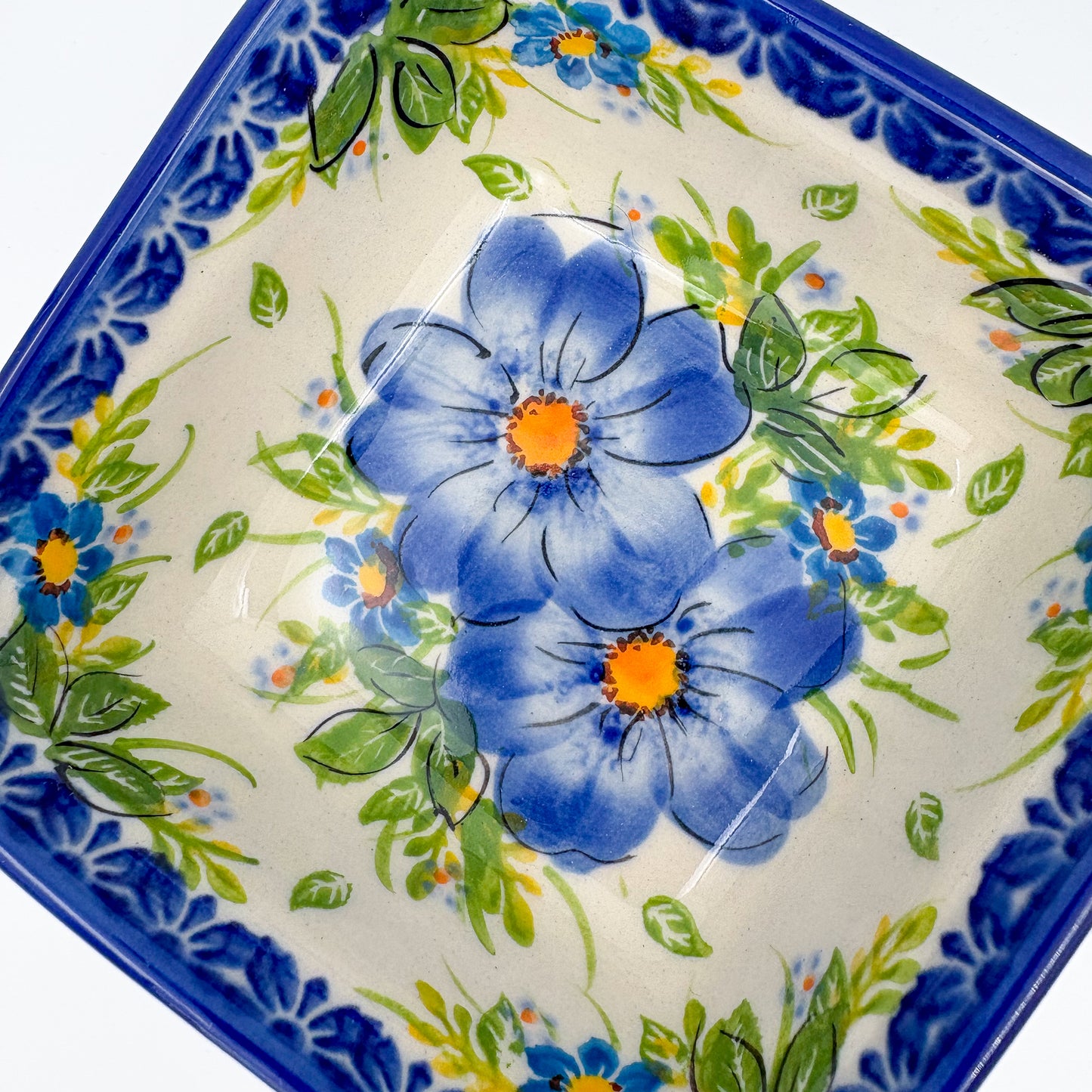 5” Square Bowl.  Hand crafted Polish pottery stoneware:   Unikat Blue Daisy