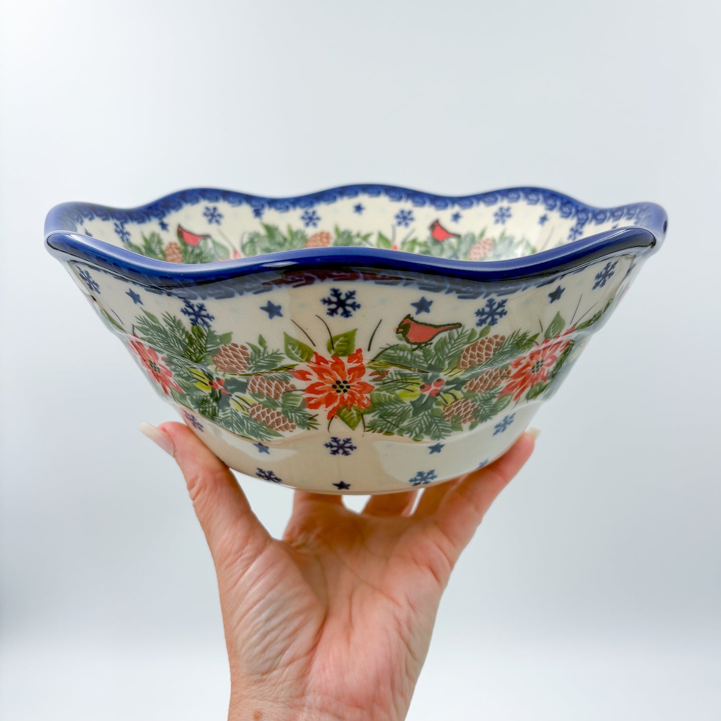 9” Wavy Bowl.  Hand crafted Polish pottery stoneware:  Christmas Cardinals