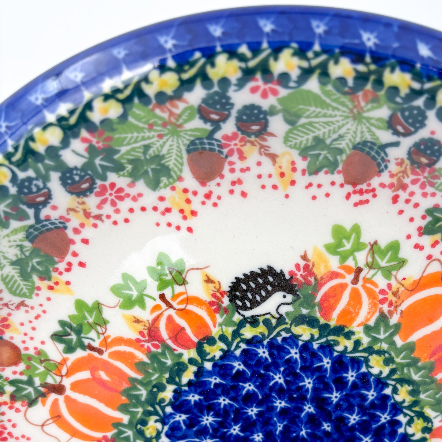 10.2” Plate.  Hand crafted Polish pottery stoneware: UNIKAT Hedgehog and Pumpkins