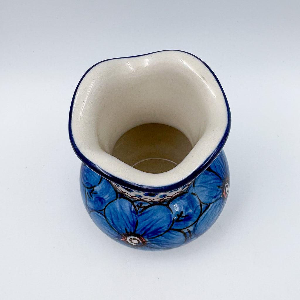 Vase Wavy 4”.  Handmade Polish pottery.  UNIKAT Cobalt Poppies Design