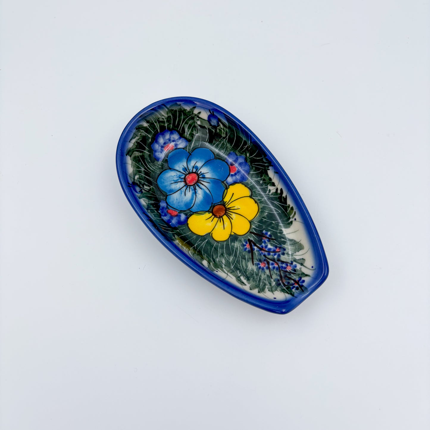Spoon Rest 5”.  Handmade Polish pottery.  UNIKAT Forget Me Not Pansy Pattern