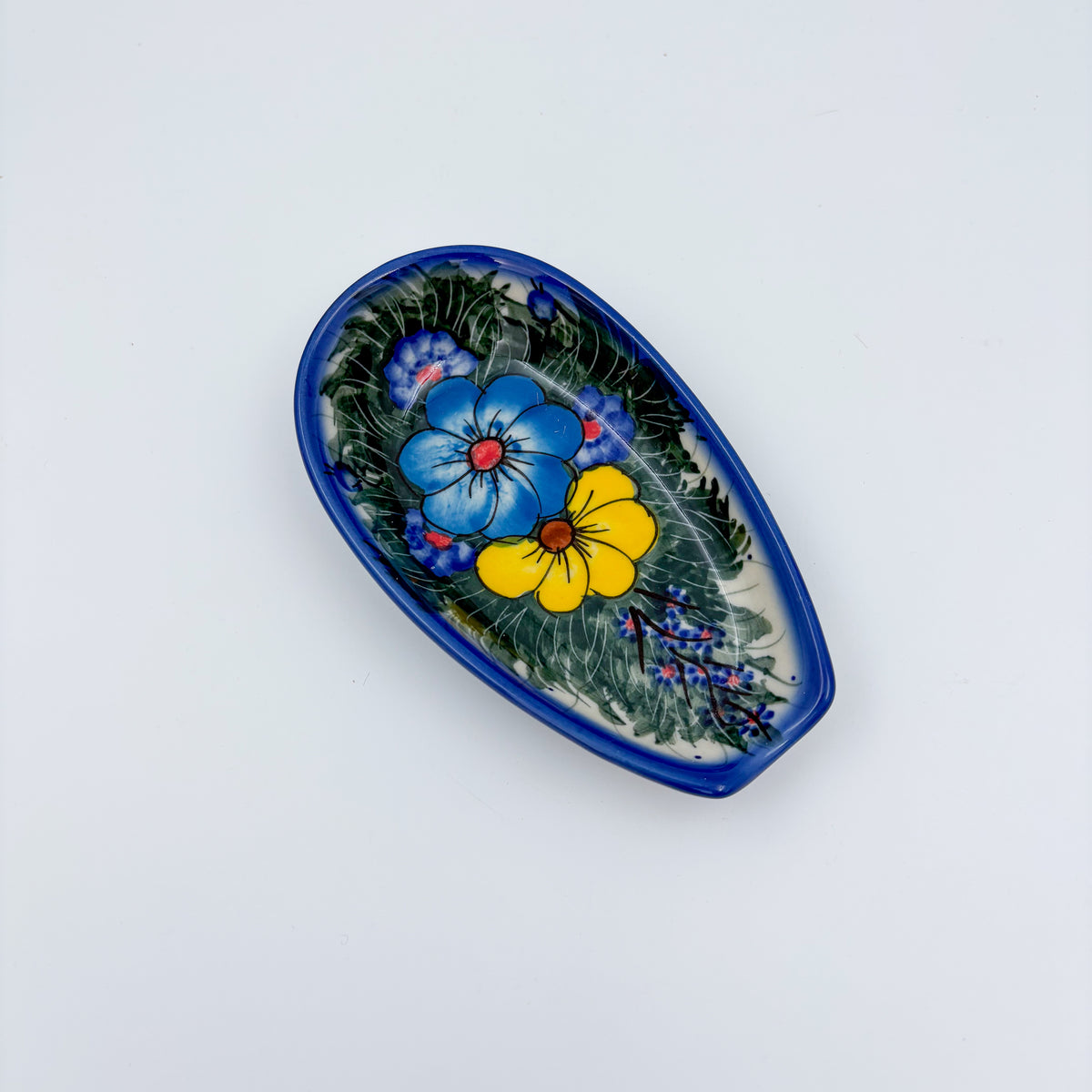 Spoon Rest 5”.  Handmade Polish pottery.  UNIKAT Forget Me Not Pansy Pattern