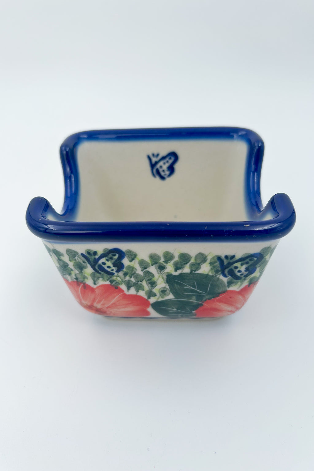 Polish pottery hand made  3” rectangular sugar packet holder in Happiness Pattern.
Ceramika Bona Company