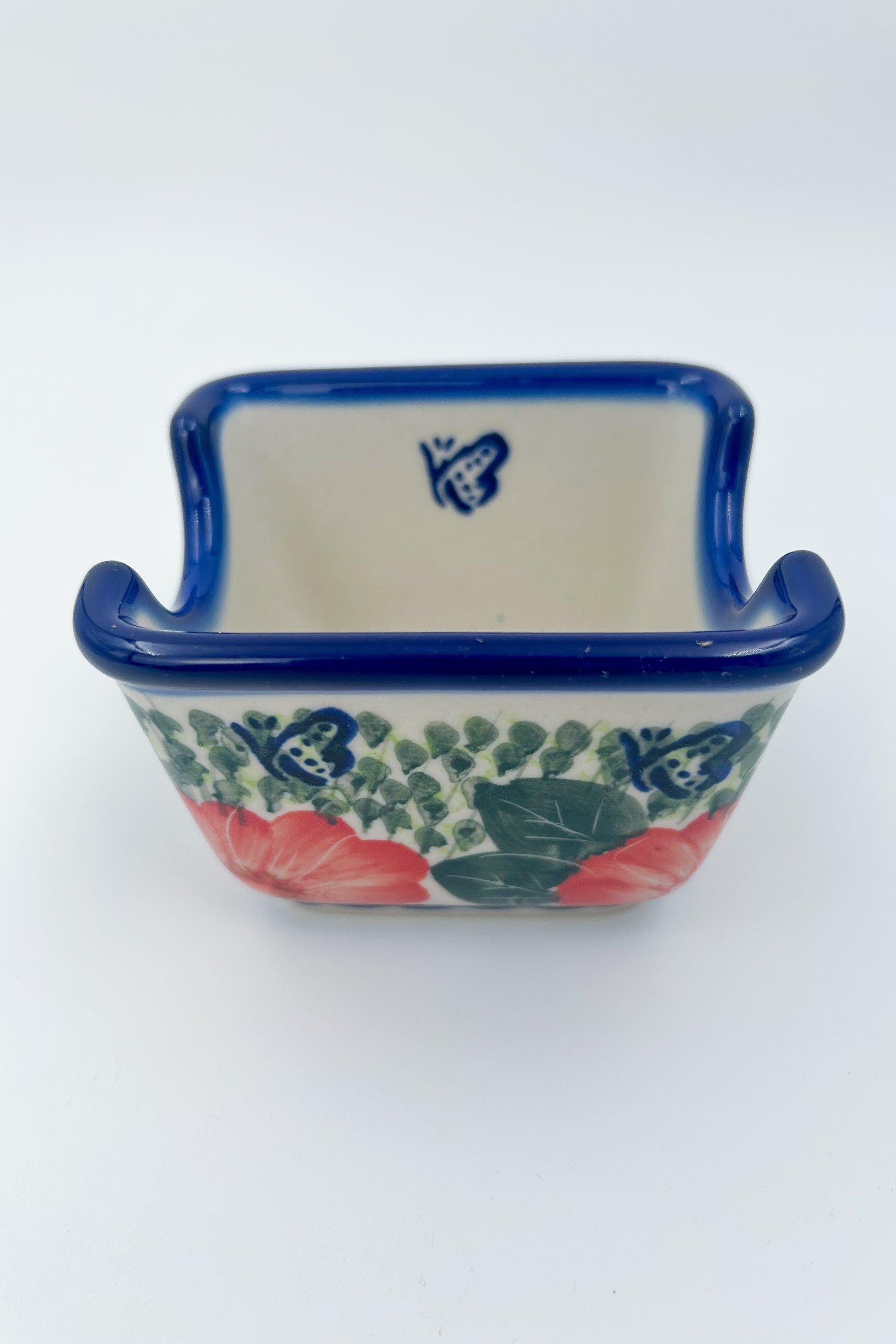 Polish pottery hand made  3” rectangular sugar packet holder in Happiness Pattern.
Ceramika Bona Company