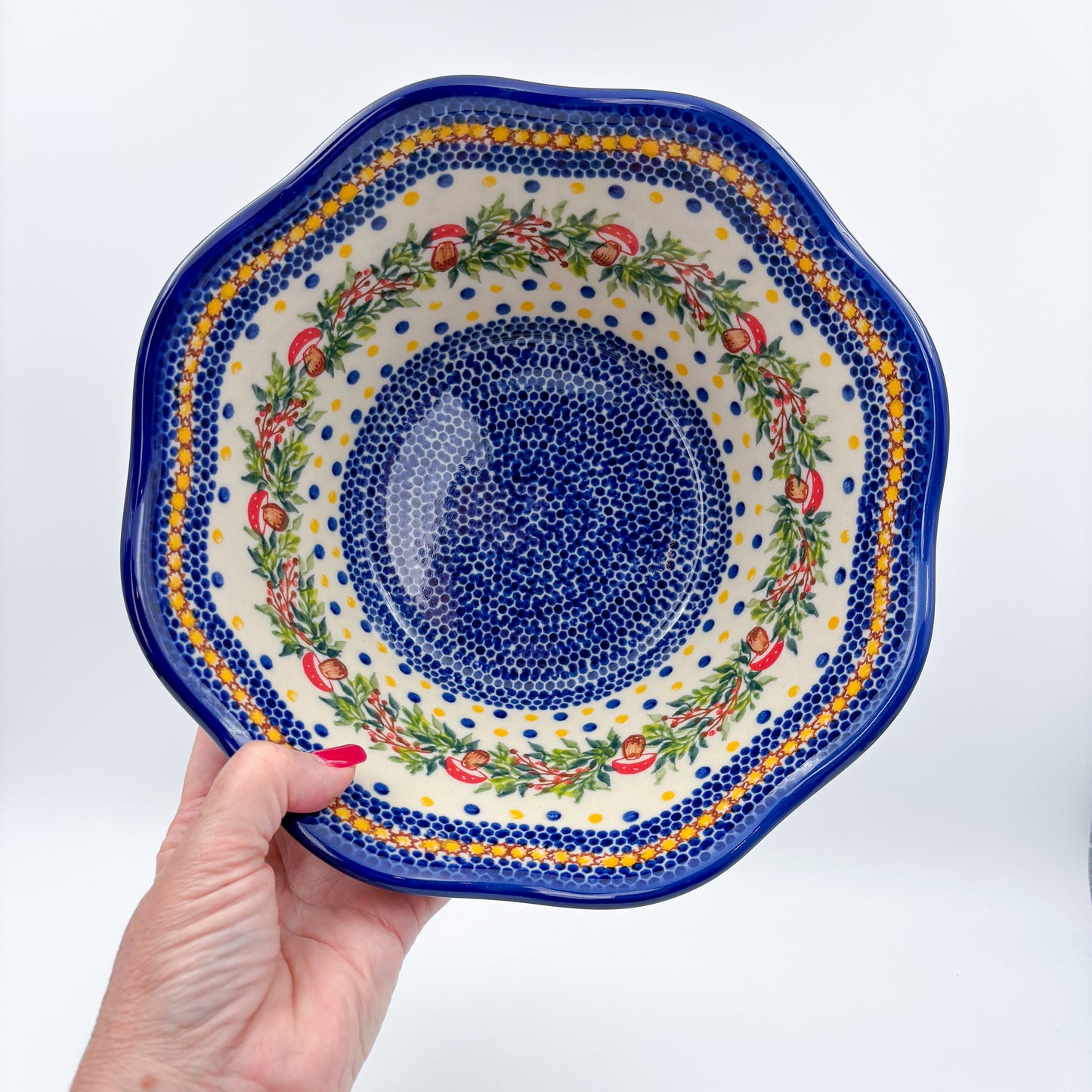 9” Wavy Bowl.  Hand crafted Polish pottery stoneware:  Mushroom Design