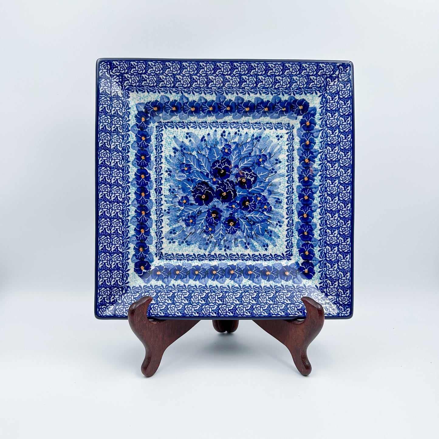 10” Square Plate.  Hand crafted Polish pottery stoneware: UNIKAT Deep Winter Pattern