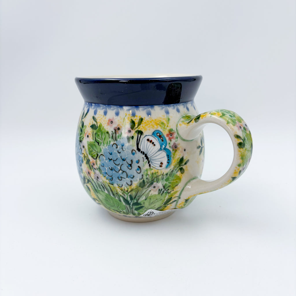 16 oz Bubble Mug. Handcrafted Polish pottery stoneware: UNIKAT Blue Hydrangea Design