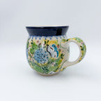 16 oz Bubble Mug. Handcrafted Polish pottery stoneware: UNIKAT Blue Hydrangea Design