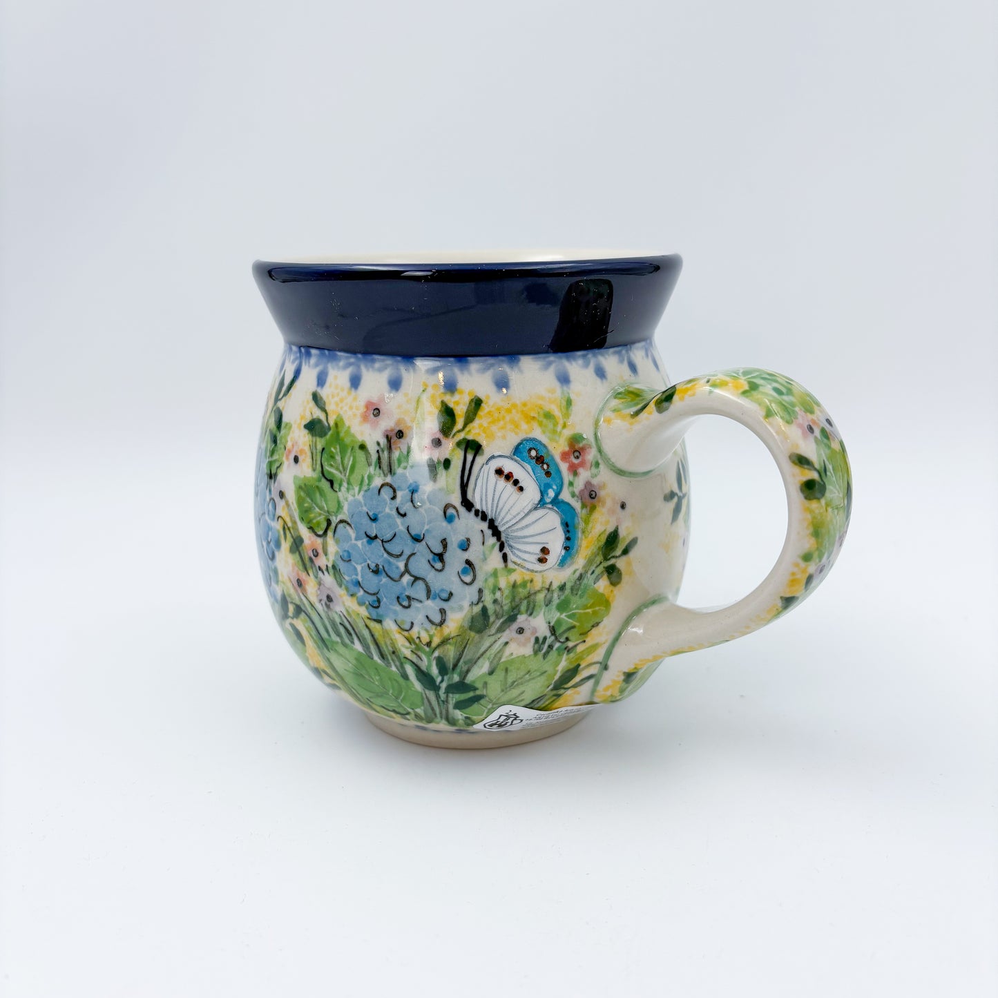 16 oz Bubble Mug. Handcrafted Polish pottery stoneware: UNIKAT Blue Hydrangea Design