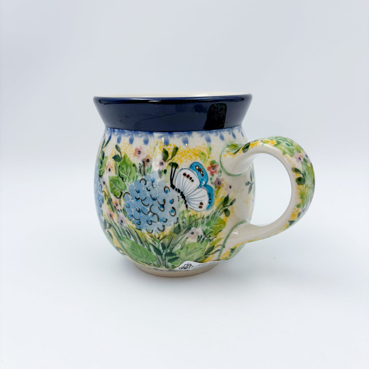 16 oz Bubble Mug. Handcrafted Polish pottery stoneware: UNIKAT Blue Hydrangea Design