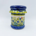 5" Container with Ruffled Lid Small.  Handmade Polish pottery.  UNIKAT Bluebell Meadow Design