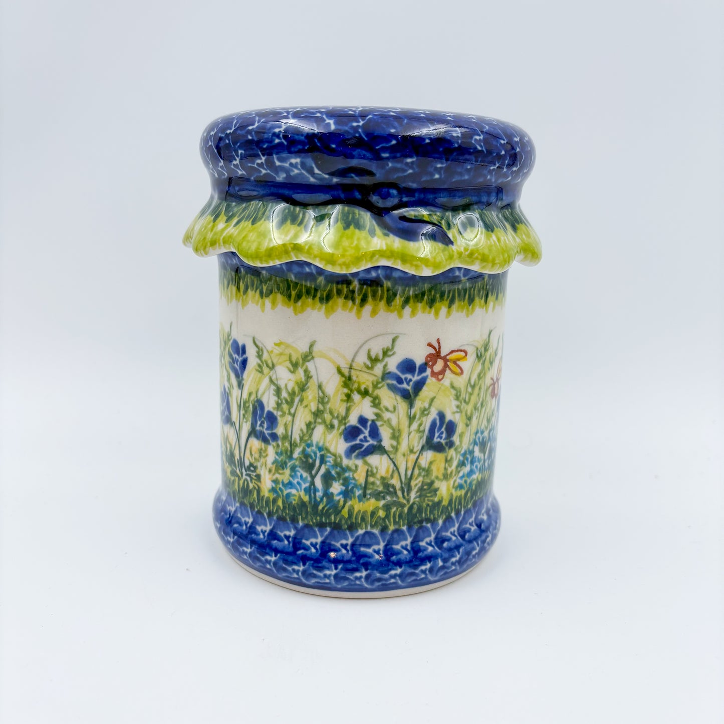 5" Container with Ruffled Lid Small.  Handmade Polish pottery.  UNIKAT Bluebell Meadow Design