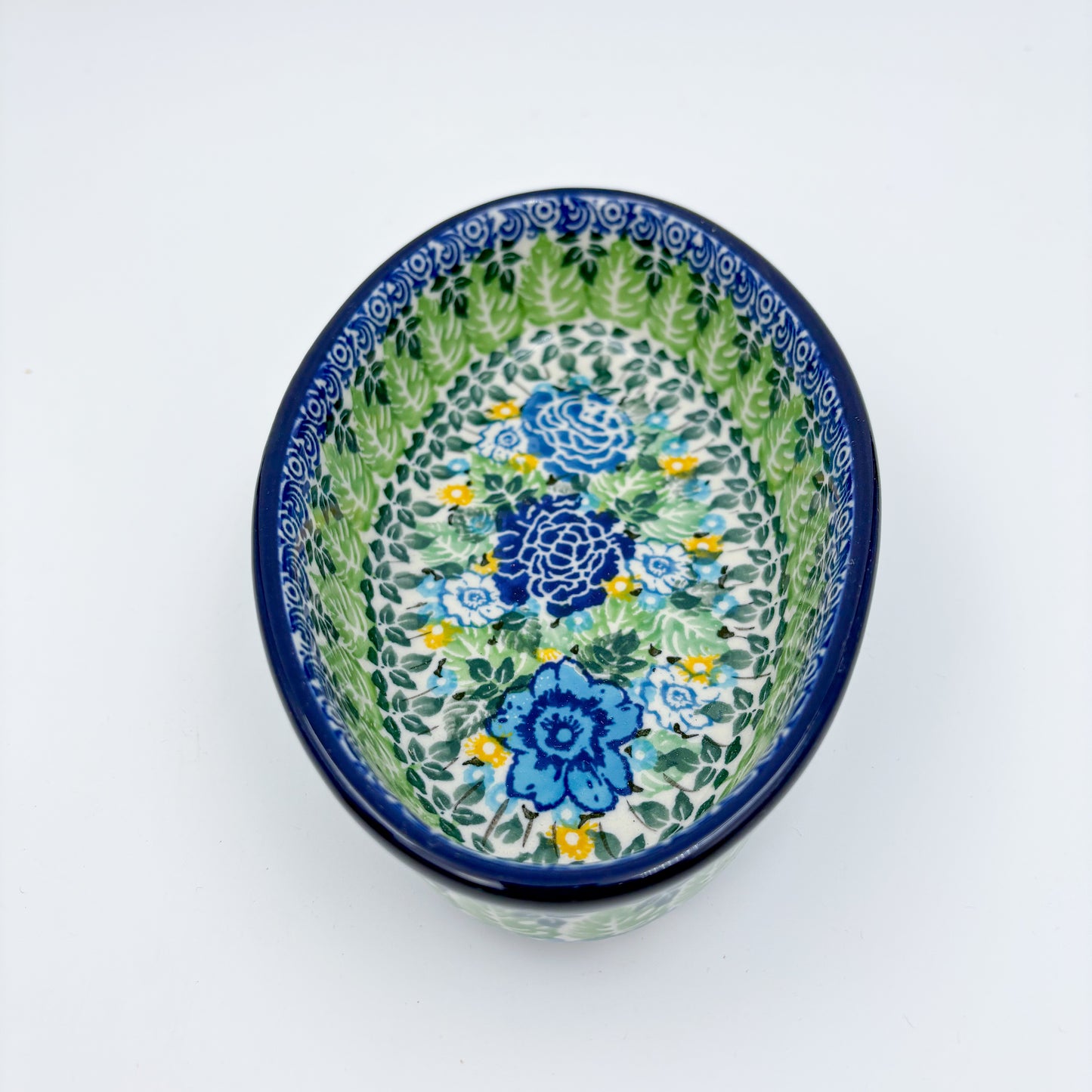 6” Oval Bowl.  Hand crafted Polish pottery stoneware:  UNIKAT Lime Bouquet Design