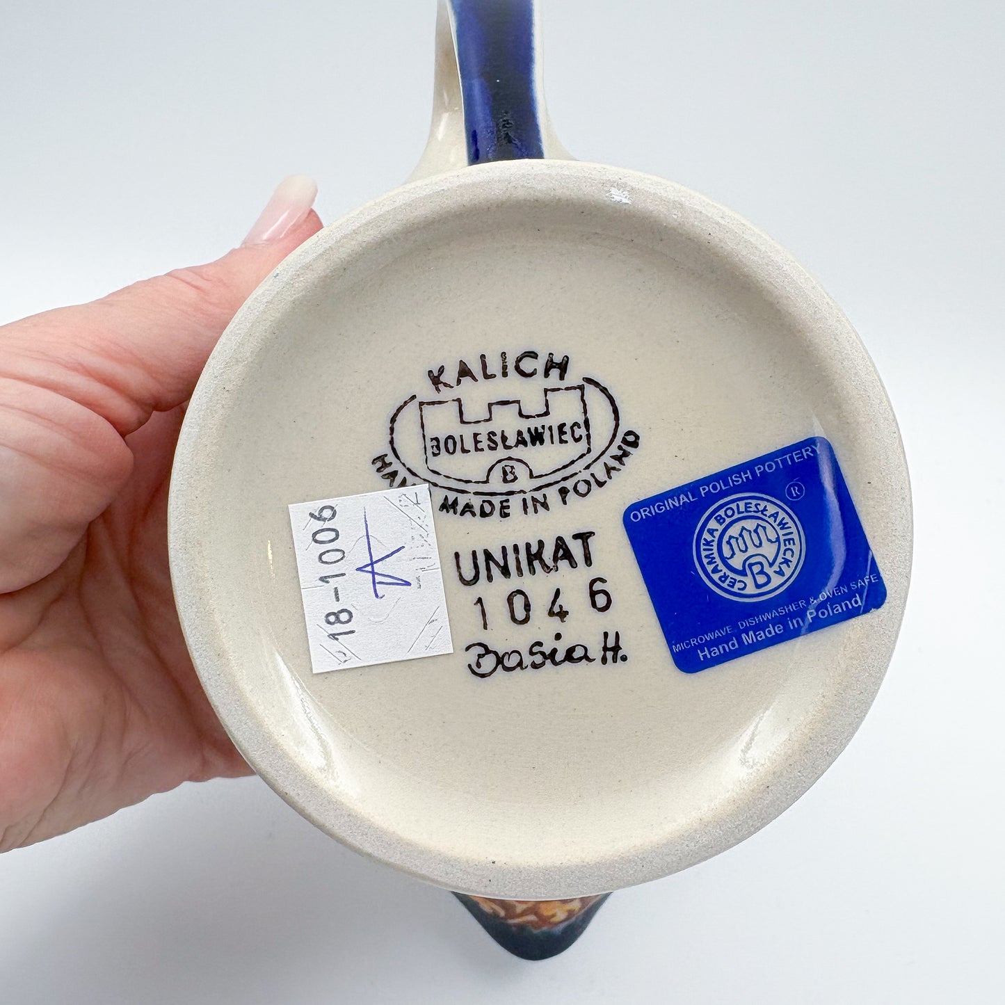 12 oz Loop Handle Gravy Boat.  Hand painted Polish pottery stoneware.  UNIKAT Hedgehog and Mushroom