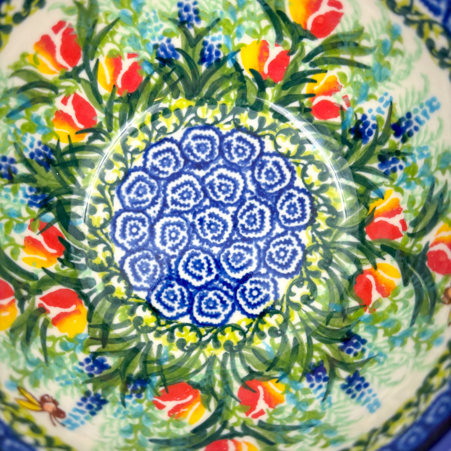 6” Bowl.  Hand crafted Polish pottery stoneware:  Tulips and Bees Design