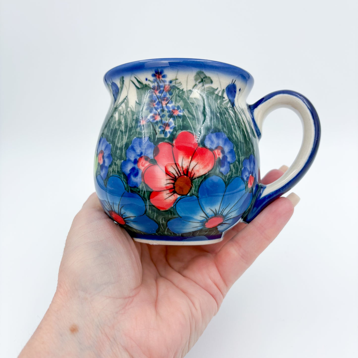 10 oz Bubble Mug. Handcrafted Polish pottery stoneware:  UNIKAT Forget Me Not Pansy