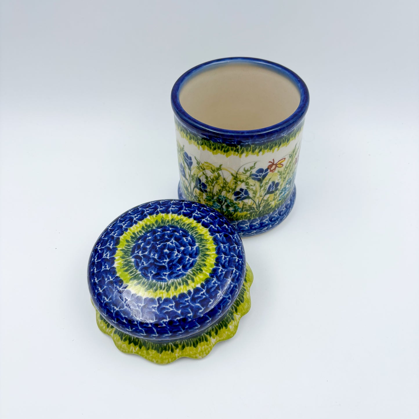 5" Container with Ruffled Lid Small.  Handmade Polish pottery.  UNIKAT Bluebell Meadow Design