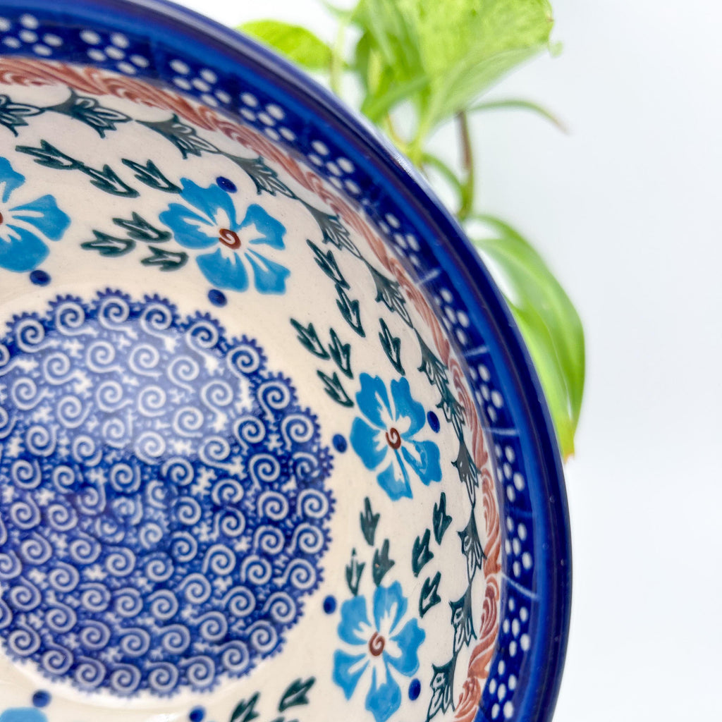 Close-up of rim and spiral medallion on Blue Cornflower deep bowl, with plant in background
