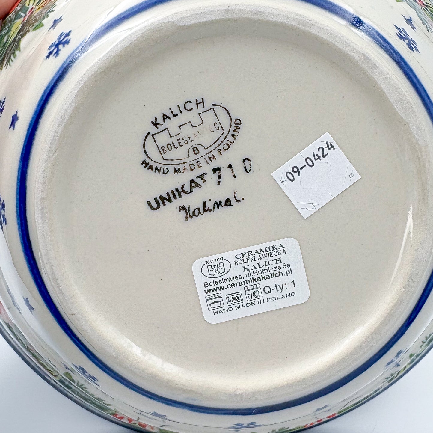 9” Wavy Bowl.  Hand crafted Polish pottery stoneware:  Christmas Cardinals